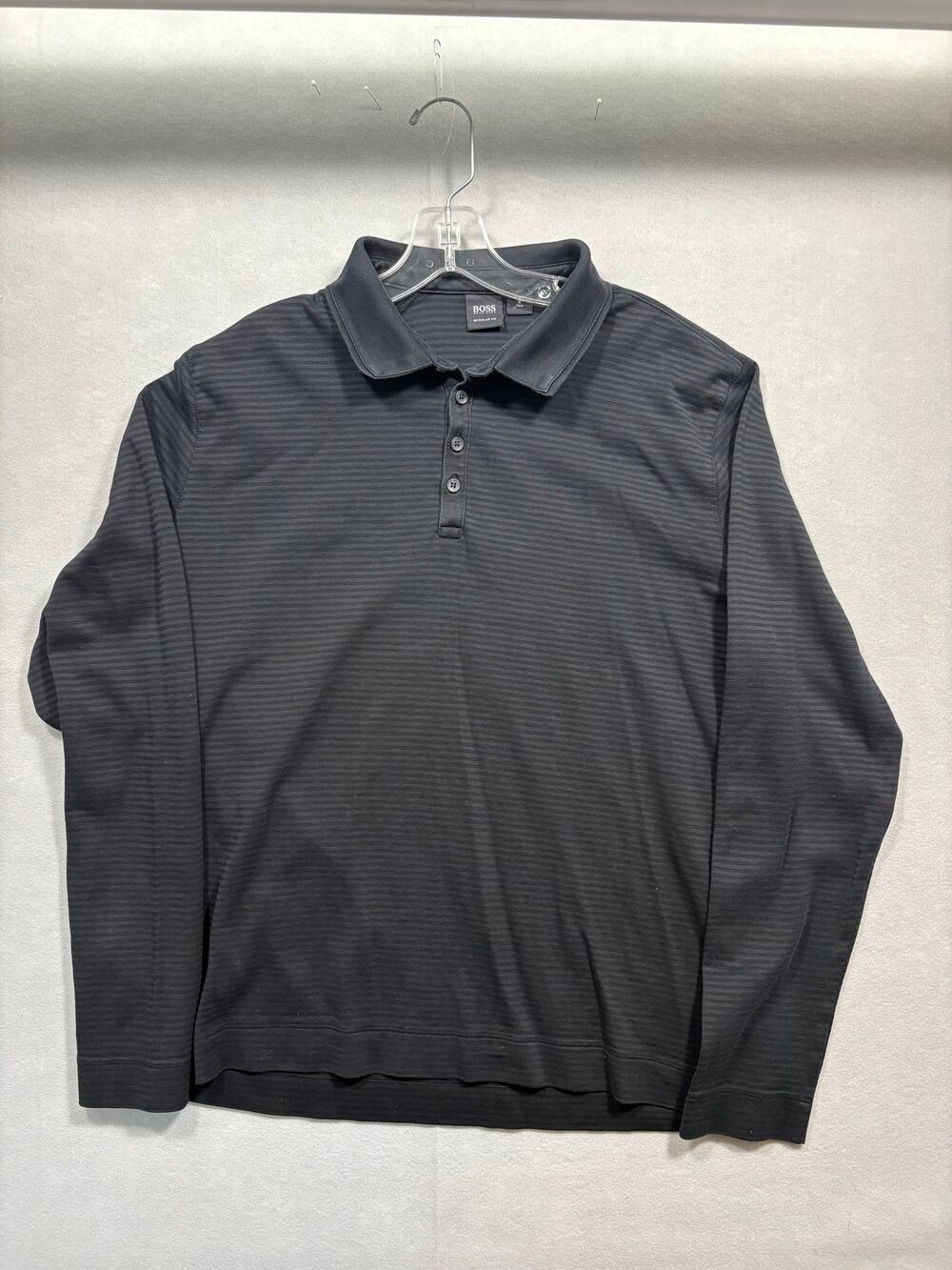 Hugo Boss Regular Fit Long Sleeve Pinstripe Polo Shirt Charcoal Black Mens XL